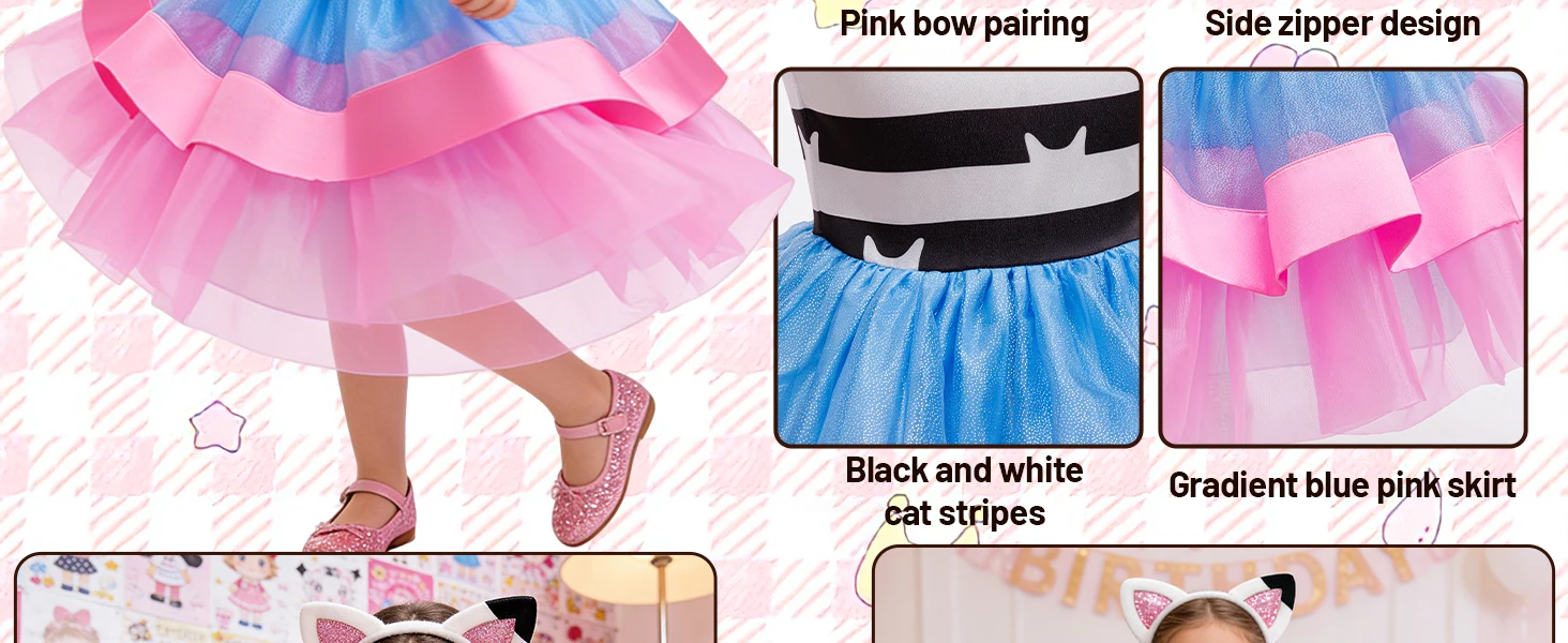 Mädchen Cartoon-Puppen Cosplay-Kostüm mit Stirnband und Socken, Karneval-Kinderkostüm, Ärmelloses Sommer-Prinzessinnenkleid – Detail 5