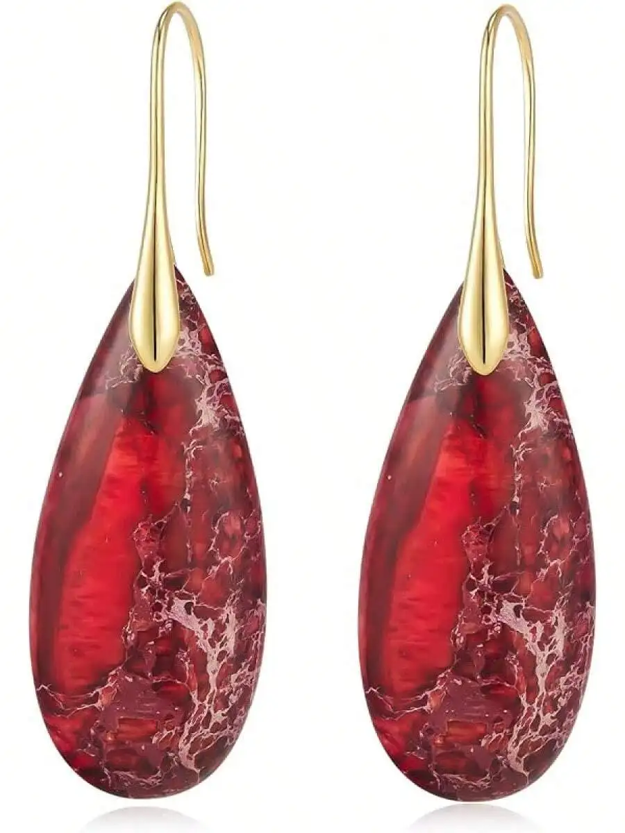 

Boho Red Veined Stone Teardrop Fishhook Dangle Earrings For Women