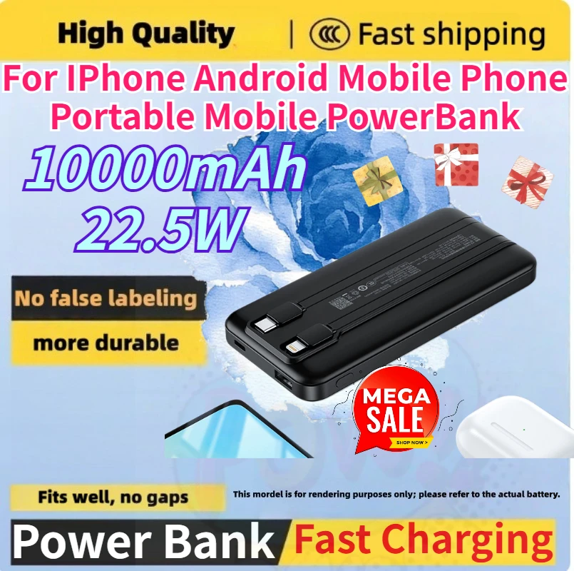 

High-capacity 22.5w 10000mAh Power Bank with Built-in Dual Cables for IPhone Android Phone Fast-charging Mini PowerBank