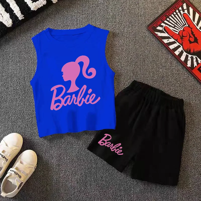 Conjunto de shorts e mangas curtas da Barbie, camisetas dos desenhos animados kawaii, moda verão, tops Y2K, roupas de alta qualidade, presentes, novo, 2 peças