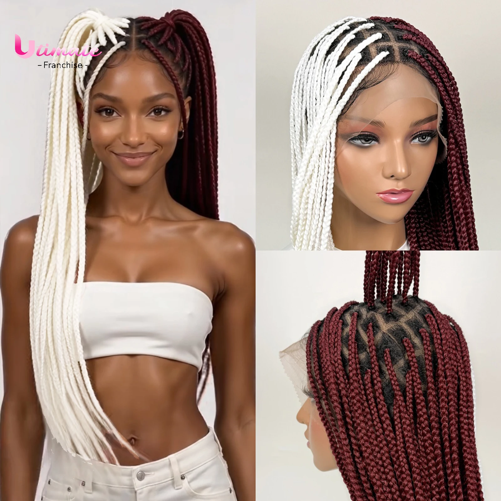 Cosplay Wig Half and Half Box Braided Wigs Halloween Wig Synthetic Full Lace Braided Medium Box Braids 36 inch for Cosplay
