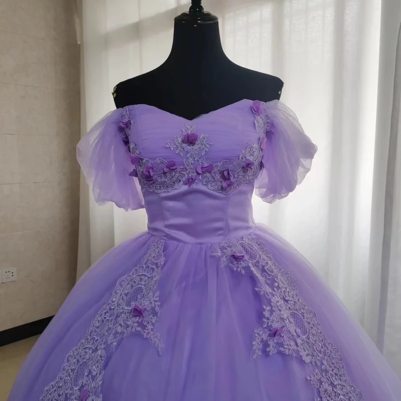 New Style Luxury Appliques 3D Flowers Ball Gown Purple Quinceanera Dresses Sweet Party Vestidos 15 Anos Vintage with long Train