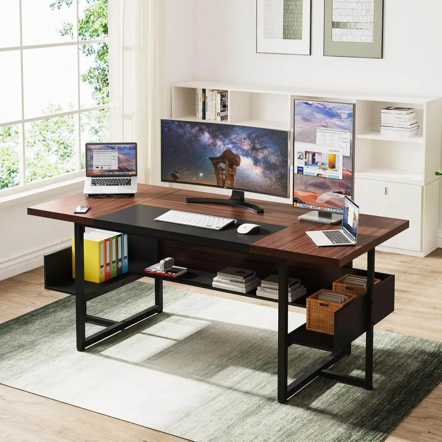 Modern Executive Computer Desk Walnut and Black 62 Inch with Storage Shelves Home Office Furniture Efficient Workspace