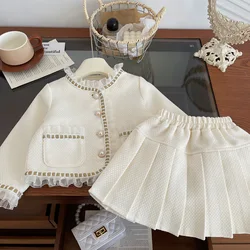 Childrens Sets New Spring Autumn Girl Suit Mesh Yarn Splicing Loose Coat Pleated Skirt Fashion Two Pieces Simple 2024