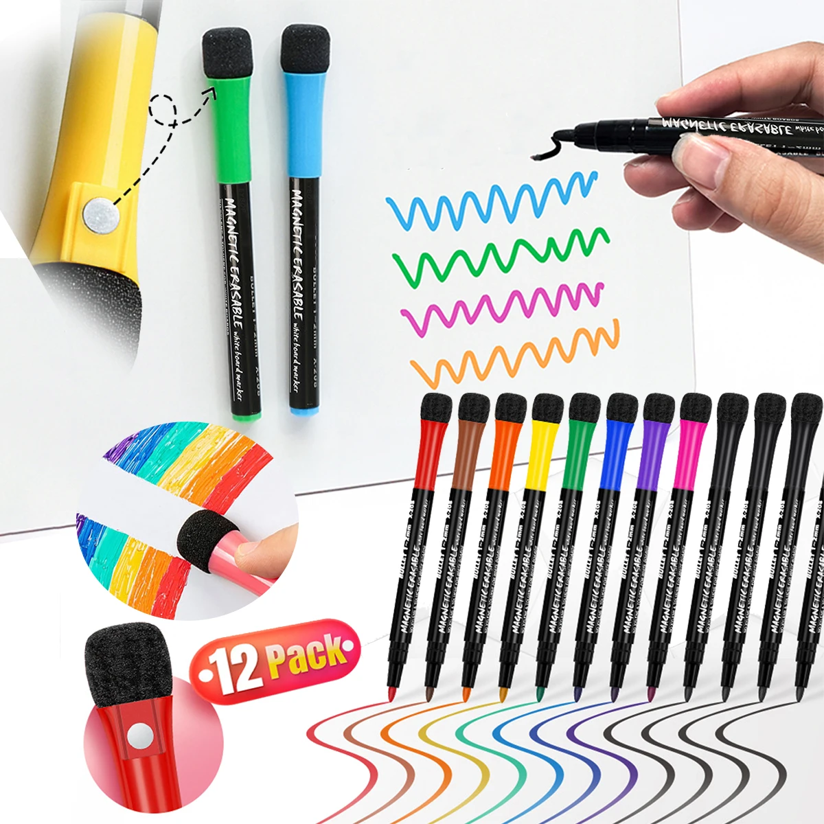 

12 Colors Erasable Whiteboard Markers Fine Point with Eraser Cap for Teachers Home Office and School Supplies
