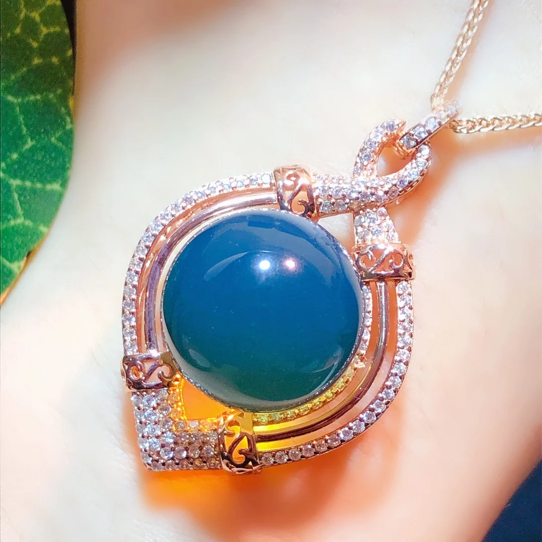 Natural Mexican Blue Amber Pendant 16mm Solid Silver Hollow Openwork Twisted Design Layered Handmade Dainty Jewelry for Women