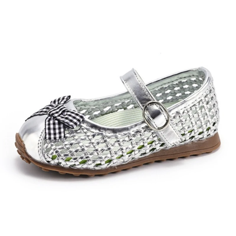 

Summer Kids Princess Sandals Hollow Weave Breathable Girls' Leather Shoes Bow Soft Sole Comfortable Toddler Casual Walking Shoes