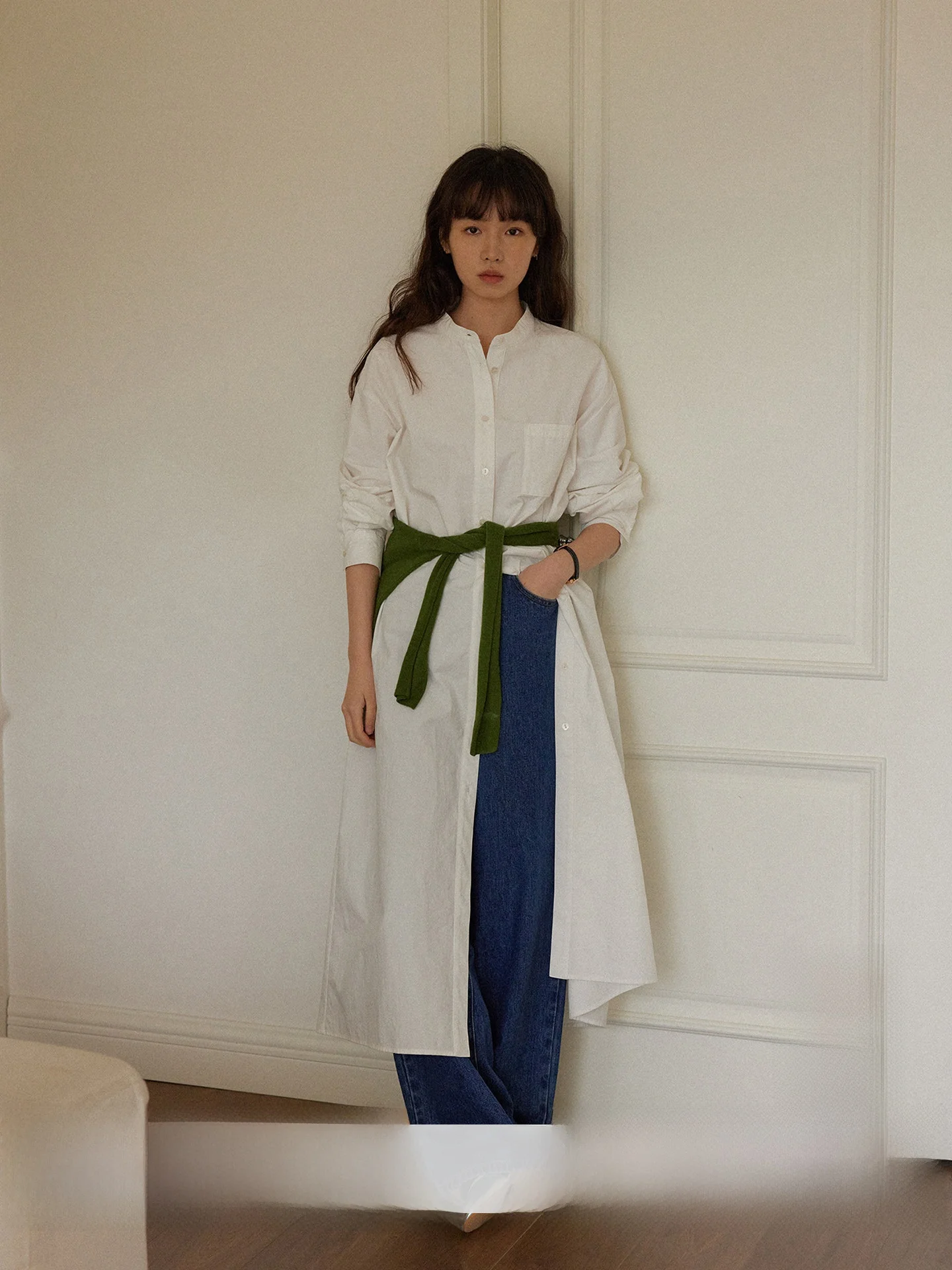 

Long Shirt Top Single Button Two Tone Stripe Belted Outerwear Cotton Casual Commute Style Loose Fit Spring Collection
