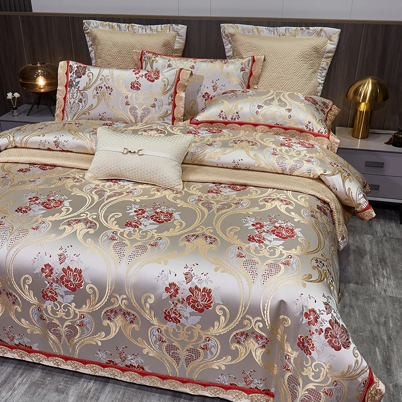 Satin Jacquard Egyptian Cotton Bedding Set, Silky Duvet Cover, Bed Sheet, Pillowcases, Luxury European Style, 4 Pcs, 6Pcs