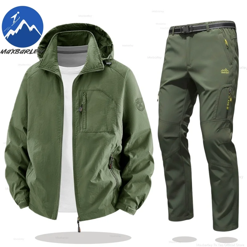 

Maxbarley Men Windbreaker Sets Waterproof Climbing Training Set Multi-pocket Hooded Jacket + Pants Suit Outdoor Travel 2-piece