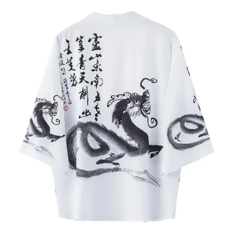 

Women Asian Streetwear Cardigan Yukata Cosplay Chinese Style Dragon Print White Shirt Clothing Traditional Haori Kimono