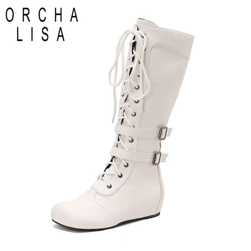 

ORCHA LISANНовый дизайн, женские сапоги до колена с круглым носком, каблук 4 см, молния, шнуровка, пряжка, большие размеры, 48, 49 50, ретро