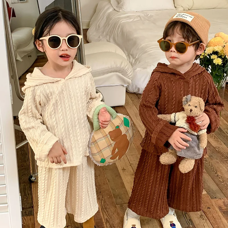 Autumn Kids Hoodie Sweater and Wide Leg Pants Clothing Set 2 Pcs Boys Knit Suit Girls Sweater