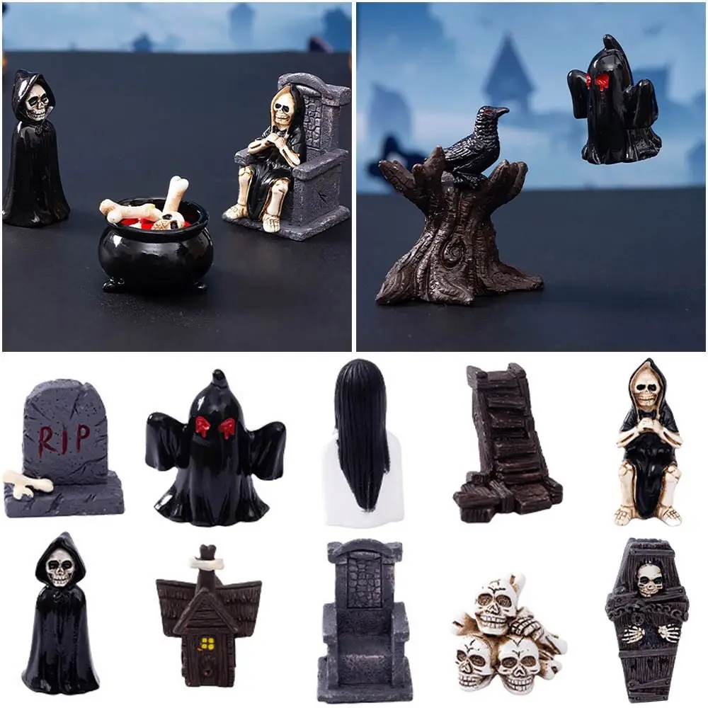 Mini Halloween Miniature Figurine Coffin House Chair Halloween Cartoon Scary Ghost Statue Bone Skull Fairy Garden