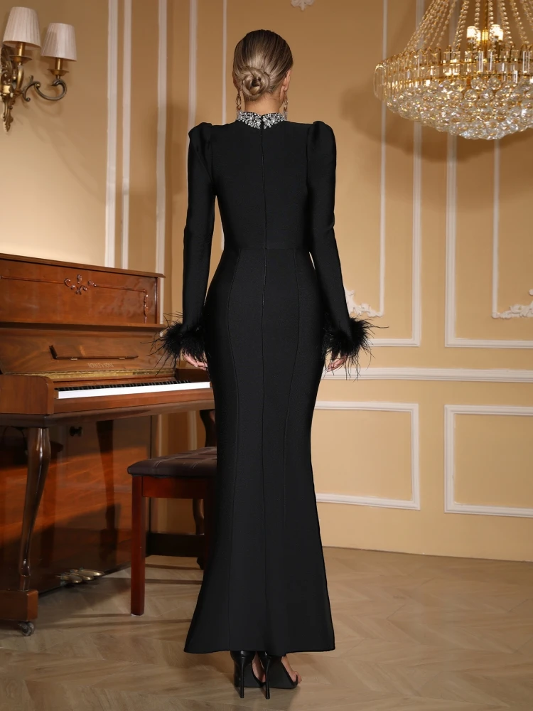 ชุดเดรสยาวแขนยาวประดับขนนก แต่งผ้าพันแผล ประดับเพชรดำ ชุดเดรสเข้ารูปสำหรับผู้หญิง ชุดราตรีงานเลี้ยงแบบเซเลบริตี้