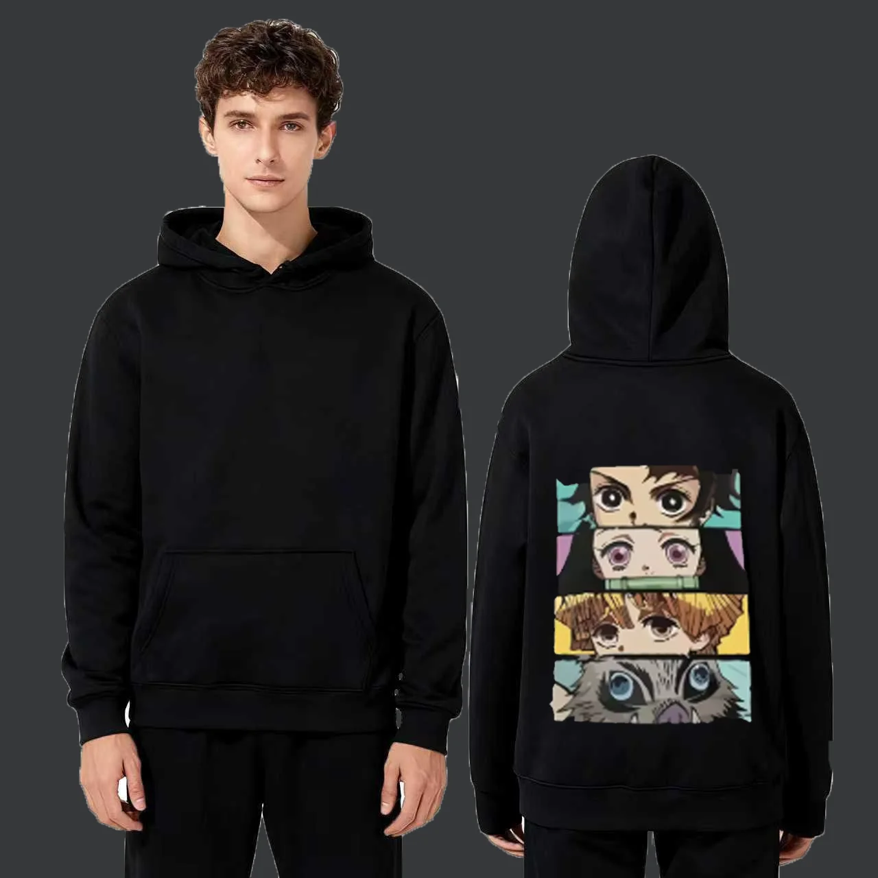 

2025 New Fashion 330gsm Heavyweight Hoodie Black Anime Character Back Print Four Face Design Unisex Casual Streetwear Pullover