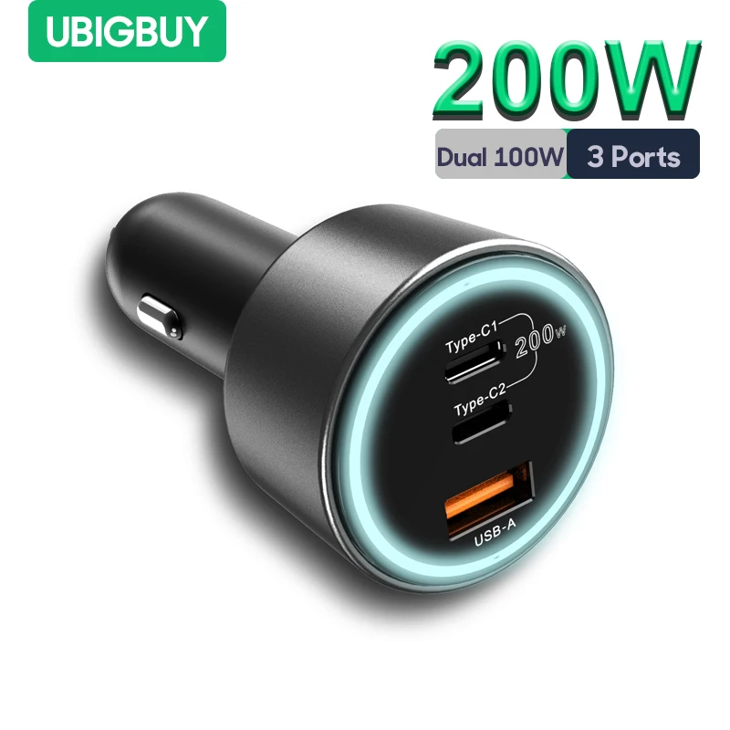 200W USB C Car Charger Adapter 3 Ports Type C Car Charger PD 100W +PD 100W Fast Charging for iPhone Galaxy iPad MacBook Laptops