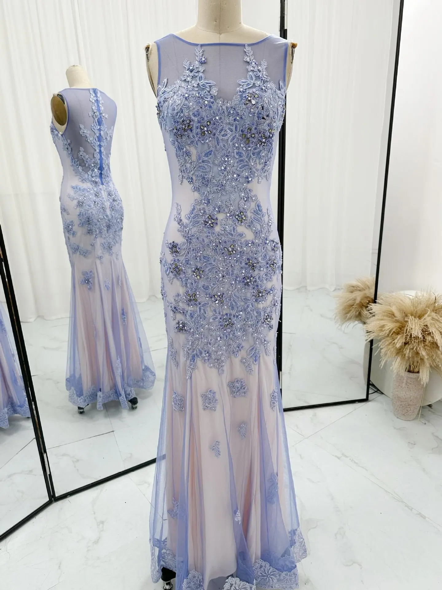 Light Purple High -End Sexy Sleeveless Diamond Jewelry Waist Waist Thin Net Gauze Evening Dress M1465