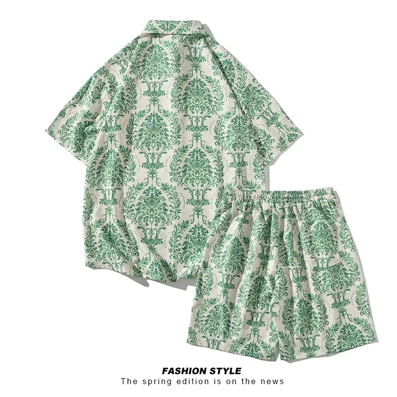 Youth Popular New National Style Ice Silk Short-sleeved Shirt Two-piece Beach Shorts Men's Suit