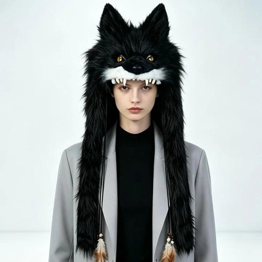 Kig Beast Wolf Head Hat Mask Cosplay Plush Animal Wolf Headdress Masks Halloween Carnival Dress Up Party Costumes Props