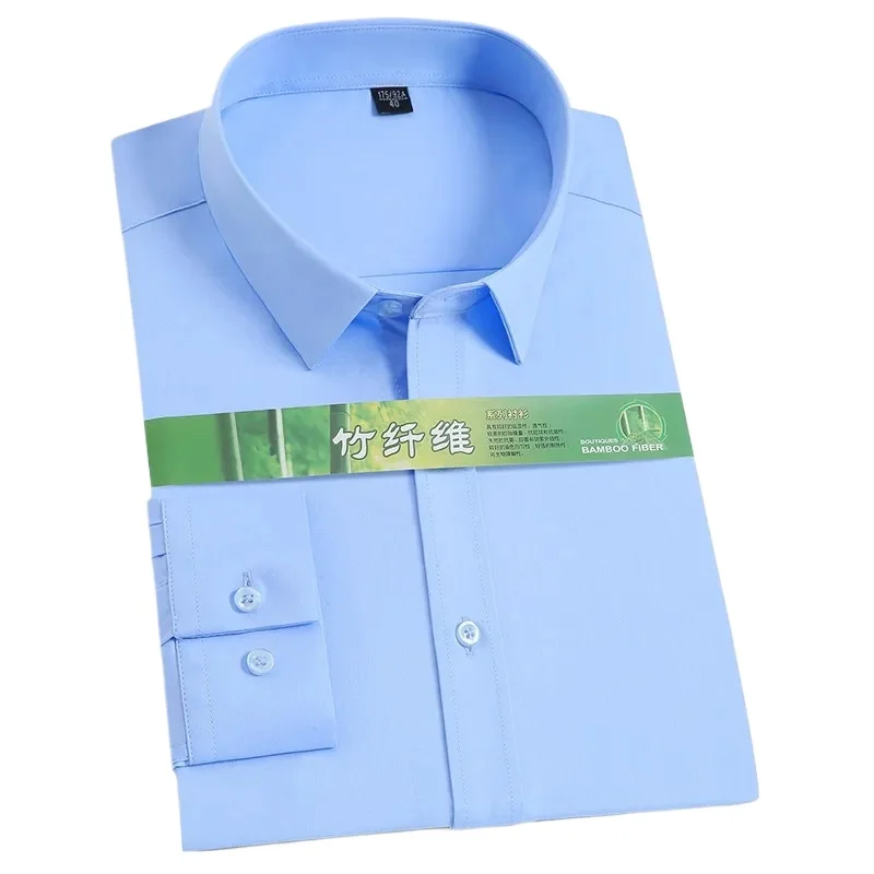 

2025 Bamboo Fiber Wrinkle Dress Shirt Pocketless Men's Long Sleeve Elastic Standard fit Business Work Office Easy Care Shirts