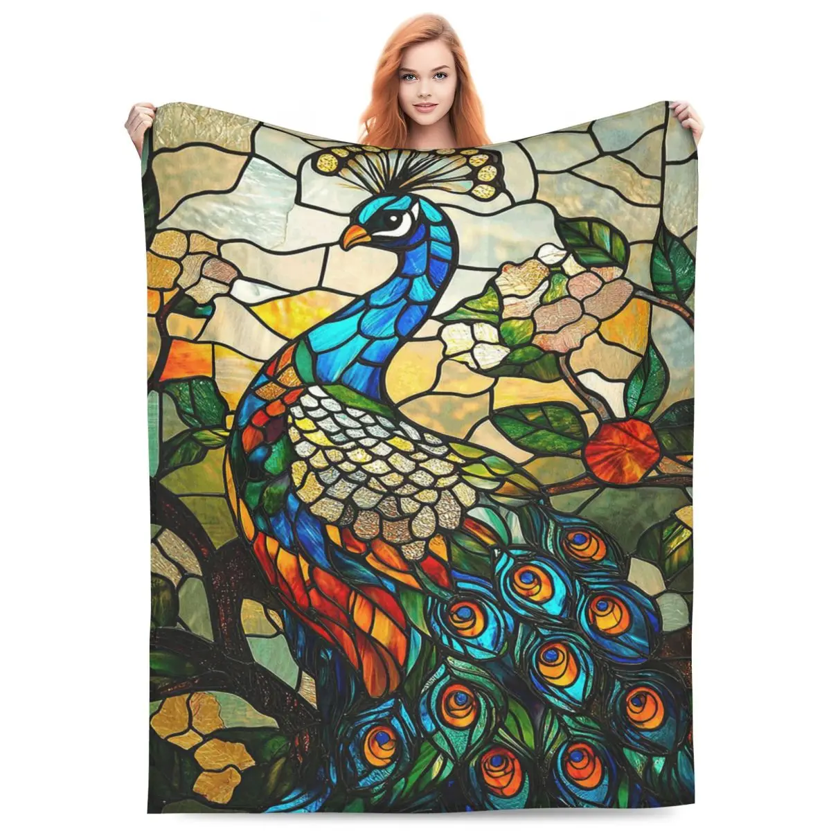 Stained Glass Peacock Blankets Fleece Sofa Throw Blanket Portable for Home Bedroom Office Throws Bedspread Quilt