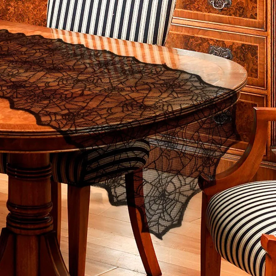 مفرش طاولة على شكل شبكات عنكبوت من الدانتيل الأسود مقاس 18 × 72 Ih غطاء مخيف لديكور الهالوين قطعة مركزية لطاولة العشاء