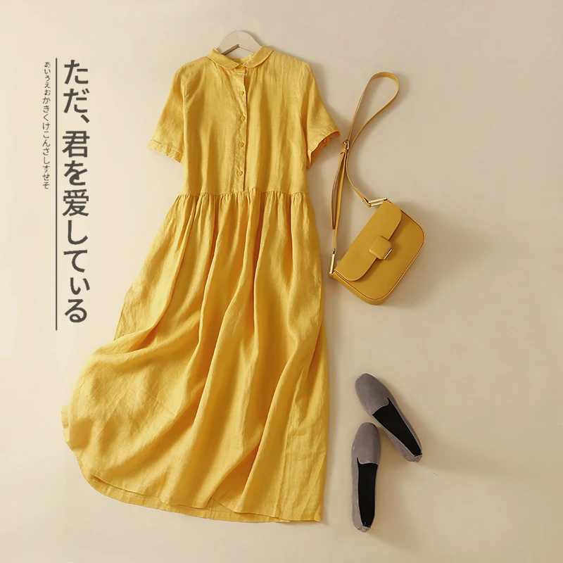 Falda larga con cuello de muñeca juvenil para mujer, irt Dr ort Sve, Material de lino, corte de etiqueta, sistema forestal