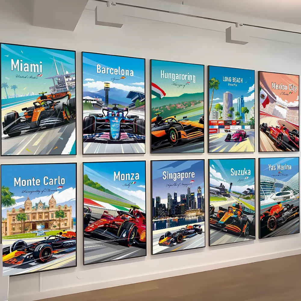 MiaMi F1 Neon City Watercolor Racing Vintage Posters Sticky Vintage Room Home Bar Cafe Decor Kawaii Room Decor