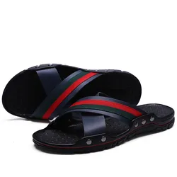 Brand 2021 Summer Men Slippers Genuine Leather Cross Strap Beach Water Shoes Men High Quality Slippers Big Size:38-47