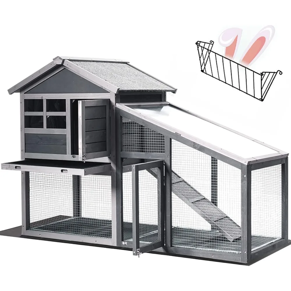 Rabbit Hutch Cage w/Hay Feeder, 58 Inch Bunny Cage Condo Wooden Quail Chicken Coop, Outdoor Hen Pet House w/Removable Tray