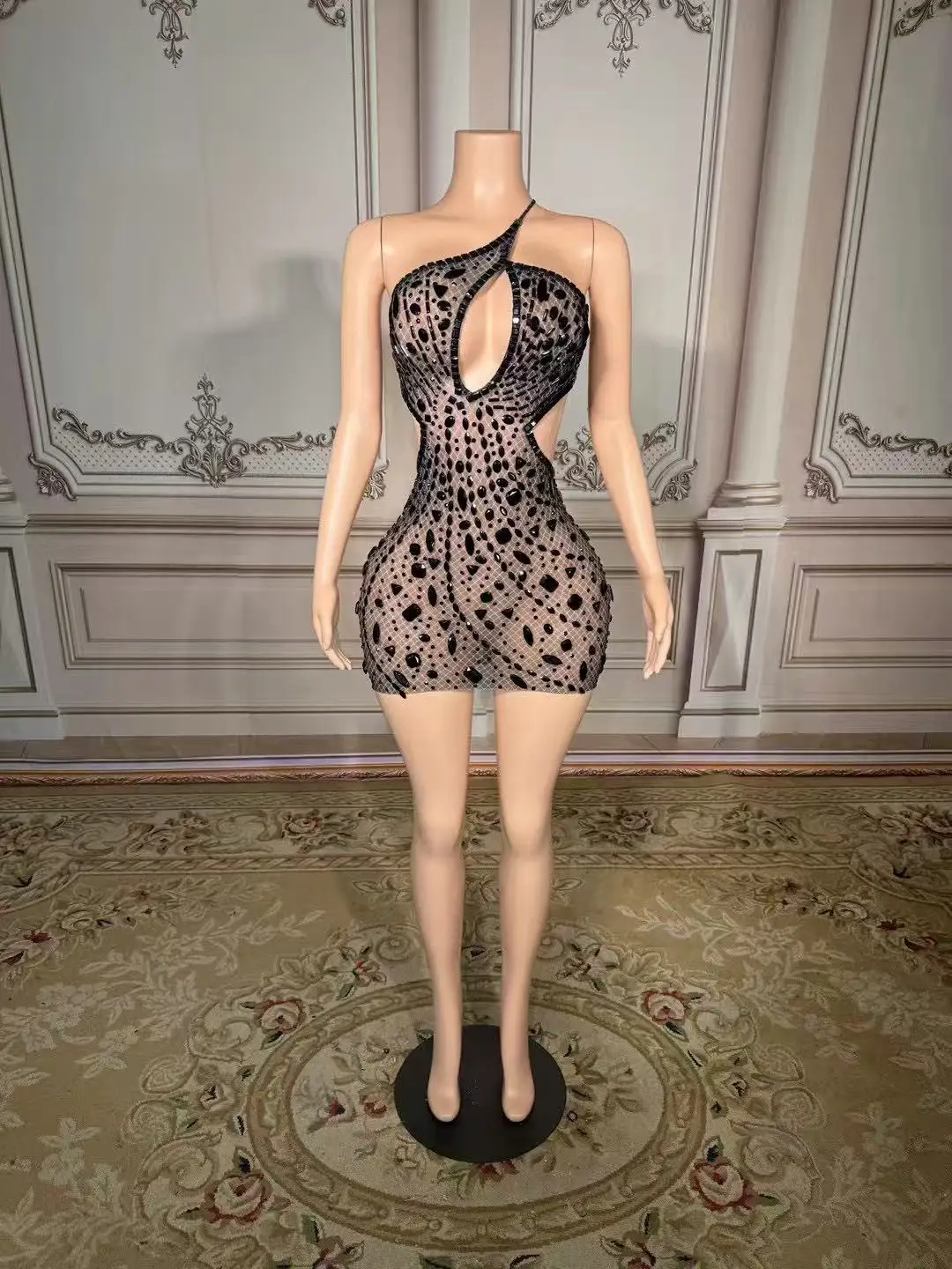 

ZD STOCK hot-selling single shoulder luxurious sparkle backless dress cocktail party bar nightclub gogo clothing