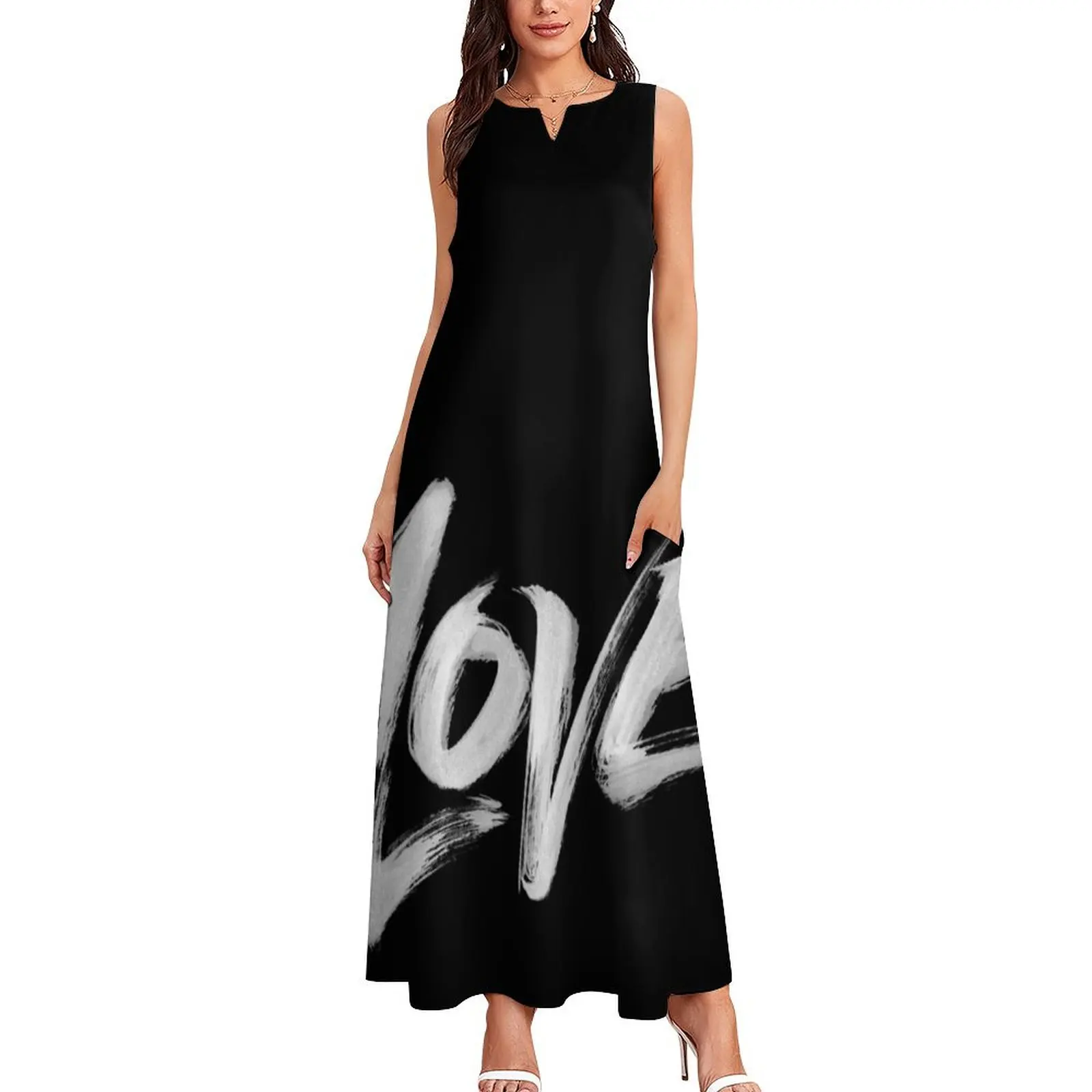 Zen Brush Love Word - Lettering - White Calligraphy Long Dress Women