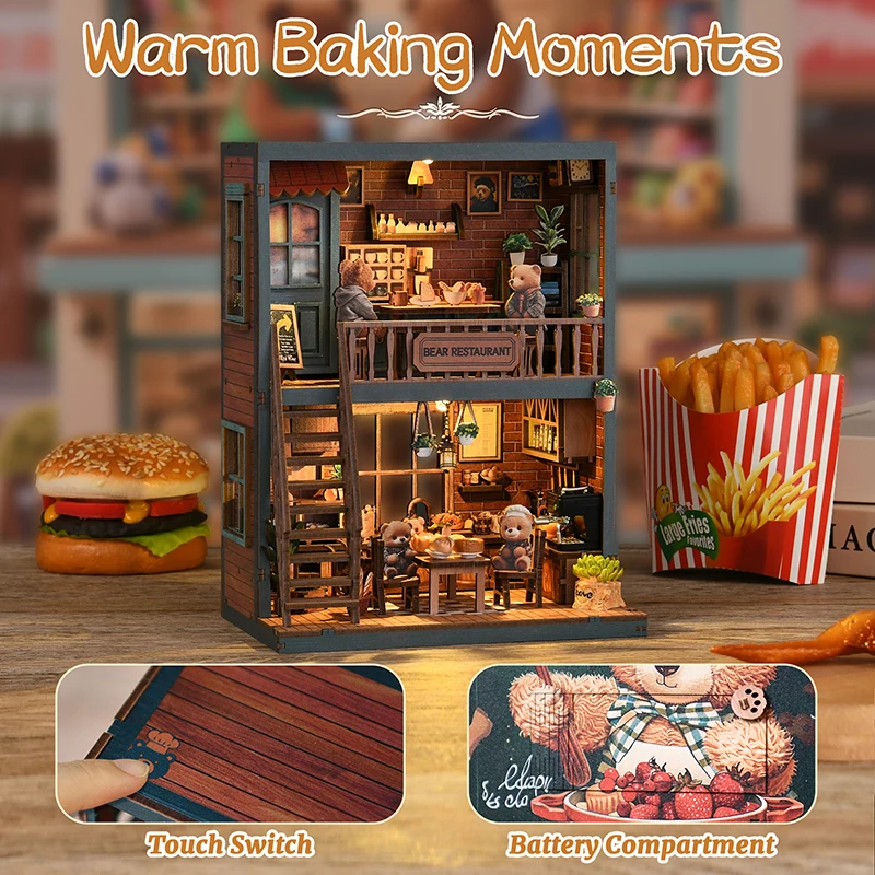 DIY ชุดอาคารจิ๋วไม้หมีร้านอาหารกระท่อมบ้านตุ๊กตาเฟอร์นิเจอร์คาซ่าบุ๊ค นุ๊กสำหรับของขวัญวันเกิดเพื่อน