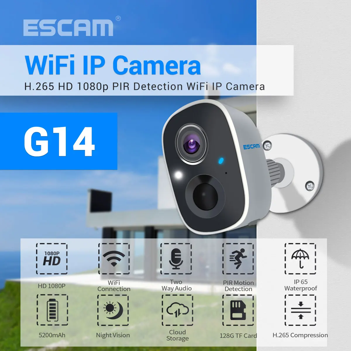 

ESCAM G14 2MP 1080P AI Face Wire-Free Battery Power IP Camera Long Time Standby Home Security CCTV Monitor Outdoor WIFI Camera