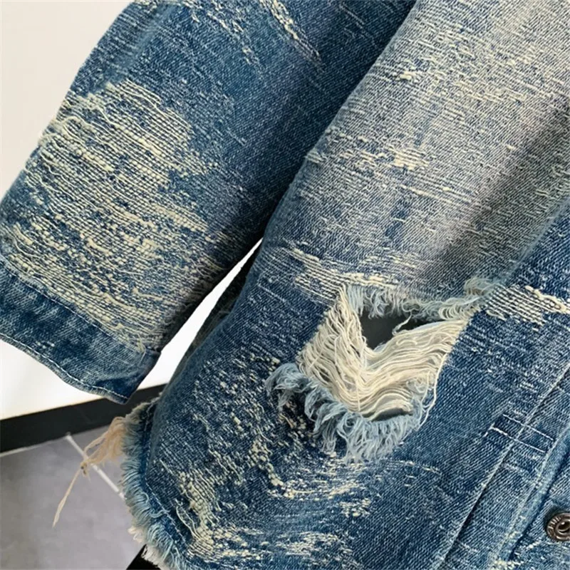 Vintage azul buracos denim jaqueta casaco feminino solto meados de longo cowboy outerwear primavera outono casual grande bolso jeans jaquetas femininas