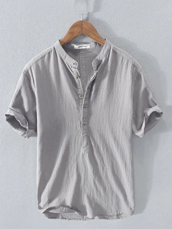 

High-End Linen ort-Sve T-irt Men's Summer Thin Sle Loose Top Retro f Sve Body irt Stand Collar Casual Wear