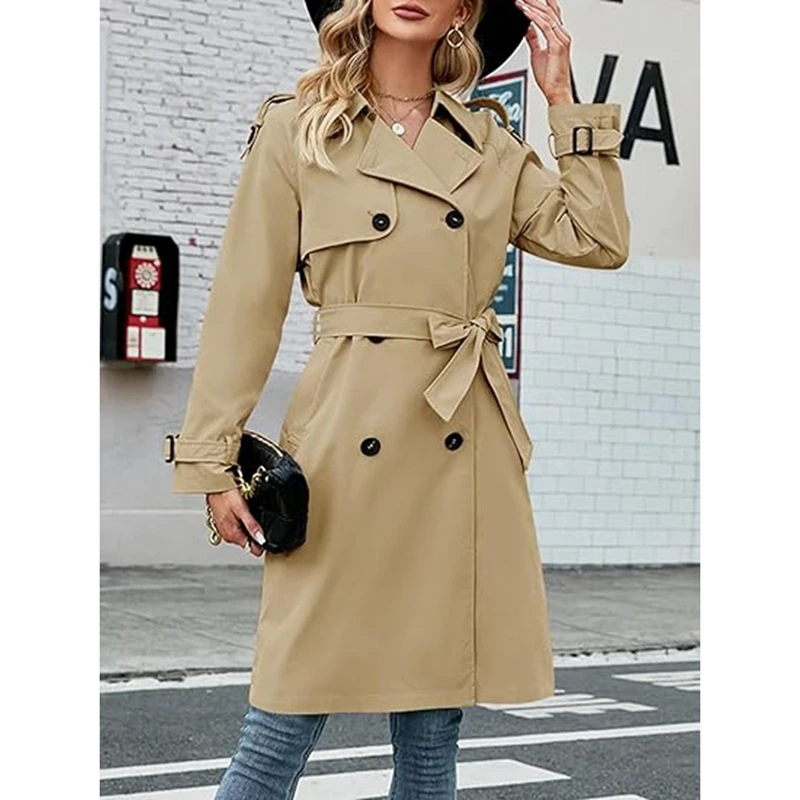 Women's Double Breasted Long Trench Coat, Classic Lapel V-Neck Long Sleeve Windproof Overcoat with Belt