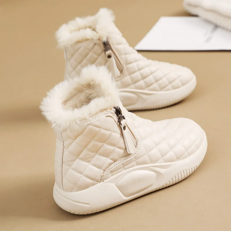 Women Fur Lined Short Plush Warm Boots for Winter Non-Skid Ankle Snow Booties Girls Side Zip Trifle Heel Casual Shoes