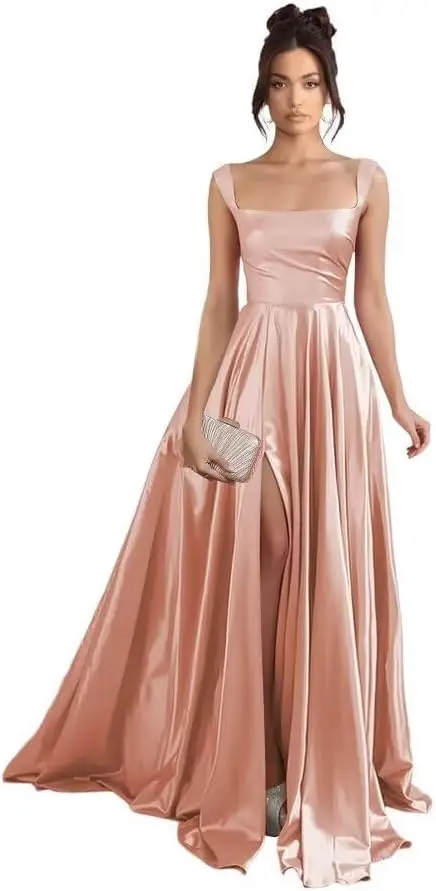 

Chicbridal Satin Bidesmaid Dress for Women Sqaure Neck Formal Cocktail Party Dress with Pockets Long A Line Prom Dresses
