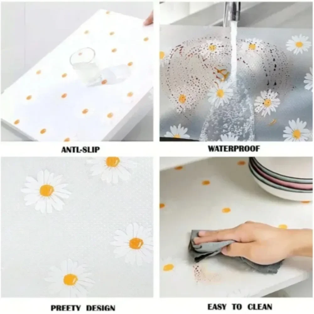 1 Roll  EVA Waterproof Fridge Pad Cupboard Mat Daisy Shelf Liner For Kitchen Cabinets Easy Placemats Non-Adhesive Drawer Liner