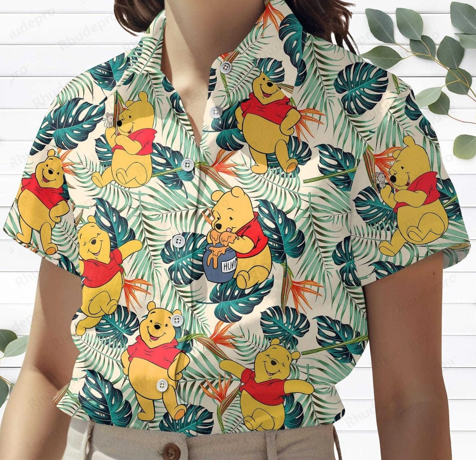 Disney tropica winnie the pooh camisa havaiana das mulheres manga curta botão camisa verão casual praia férias camisa de proteção solar