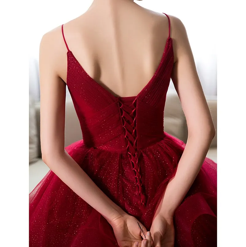 Robe de Quinceanera à bretelles spaghetti rouge vin, robe de Rhà col en V, robe de soirée personnalisée, nouveau, 2024