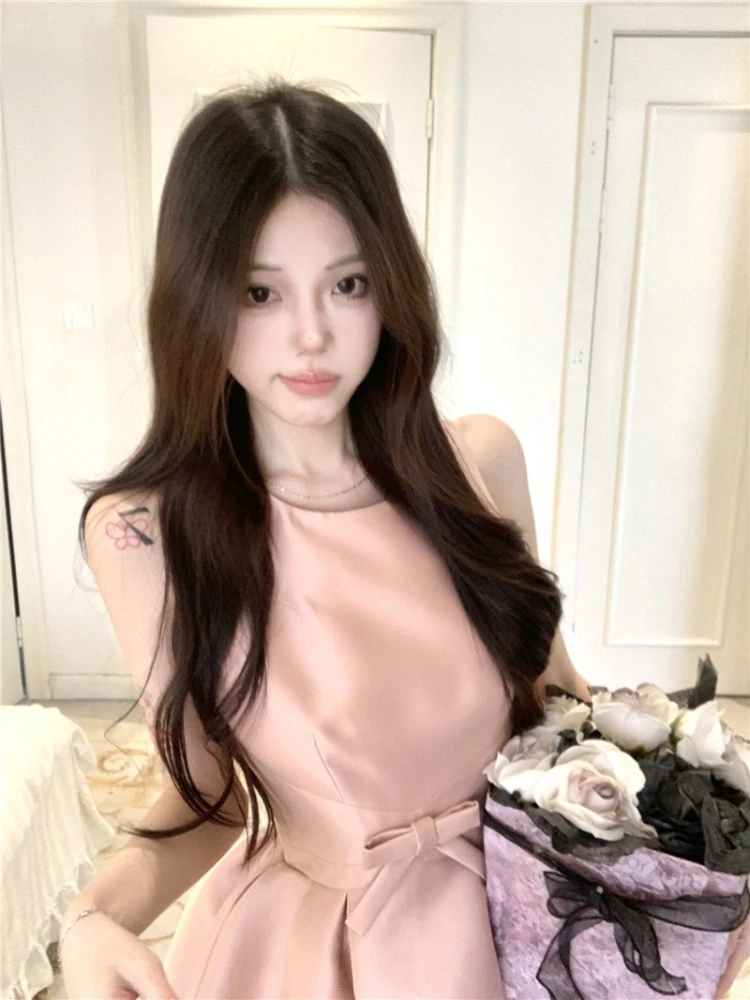 ชุดราตรีผ้าซาตินสีชมพูแซลมอน ประดับโบว์เอวสไตล์ฝรั่งเศส รุ่นใหม่ปี 2025 สำหรับผู้หญิง แฟชั่นชุดเดรสทรงเอไลน์สำหรับงานเลี้ยงค็อกเทล