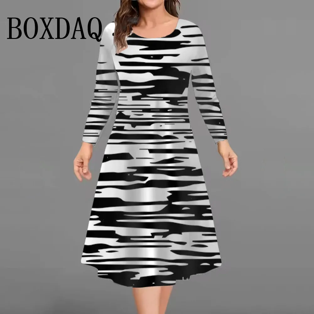 

Черно-белые полосатые платья с принтом для женщин, новинка 2023 года, осеннее модное платье с длинным рукавом, повседневное свободное платье трапециевидной формы с круглым вырезом, большие размеры