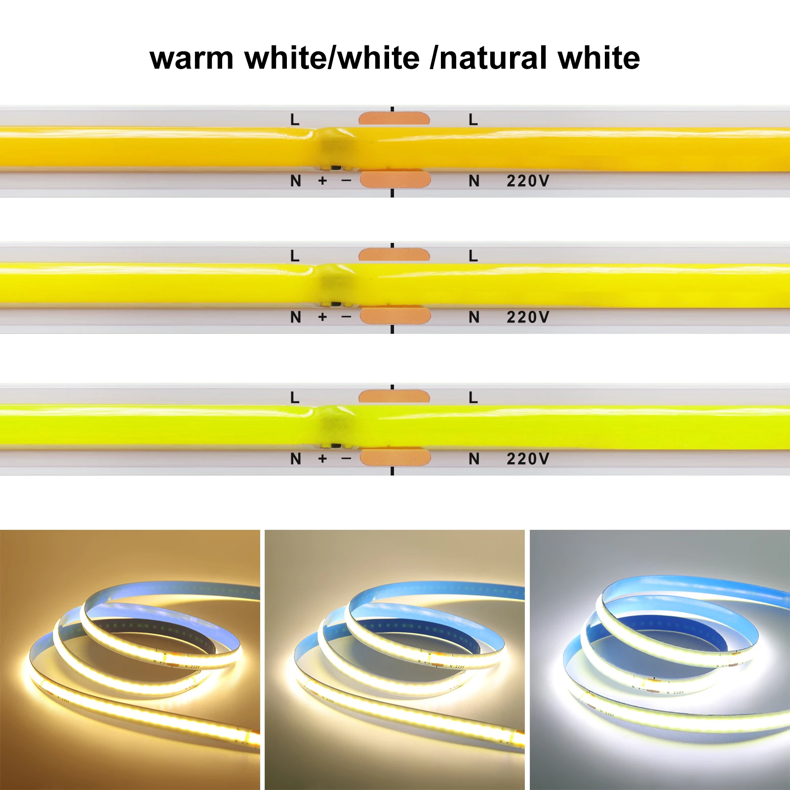 شريط إضاءة LED عالي الكثافة ، شريط إضاءة COB ، لاصق PCB خطي ، LEDs لكل متر ، 8 ، ac220 فولت ، أبيض دافئ ، أبيض طبيعي ، 5 متر ، 10 متر