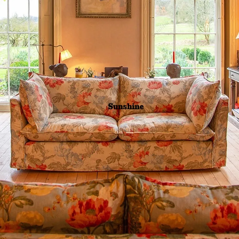 Printed Fabric Multi Seat Straight Sofa French Country Style Solid Wood Living Room Sofa Vintage Exquisite Design furnitures