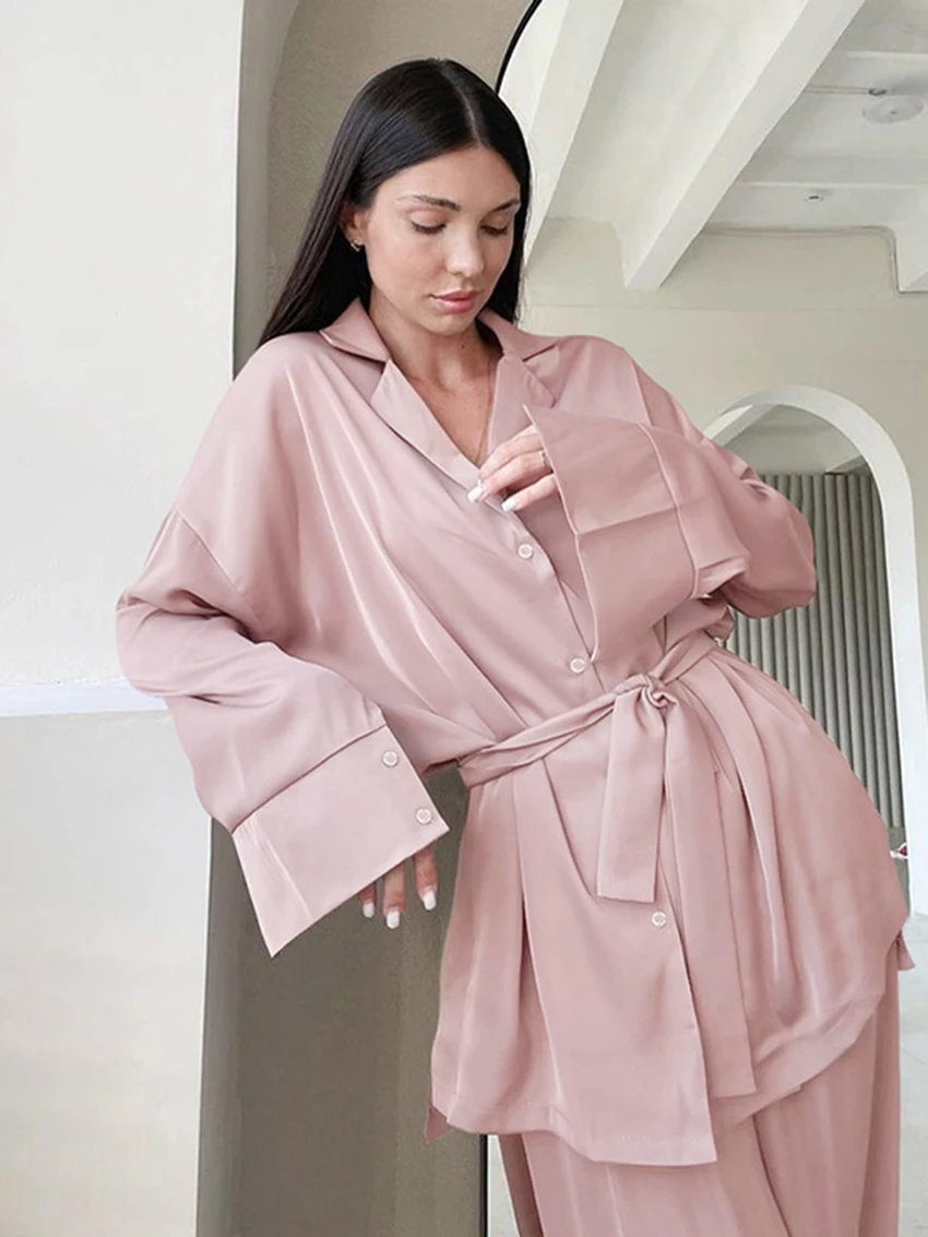 Marthaqiqi Pink Ladies Pajamas Set Turn-Down Collar Sleepwear Long Sleeve Nightwear Lace Up Nightgowns Pants Femme Nightie Suits