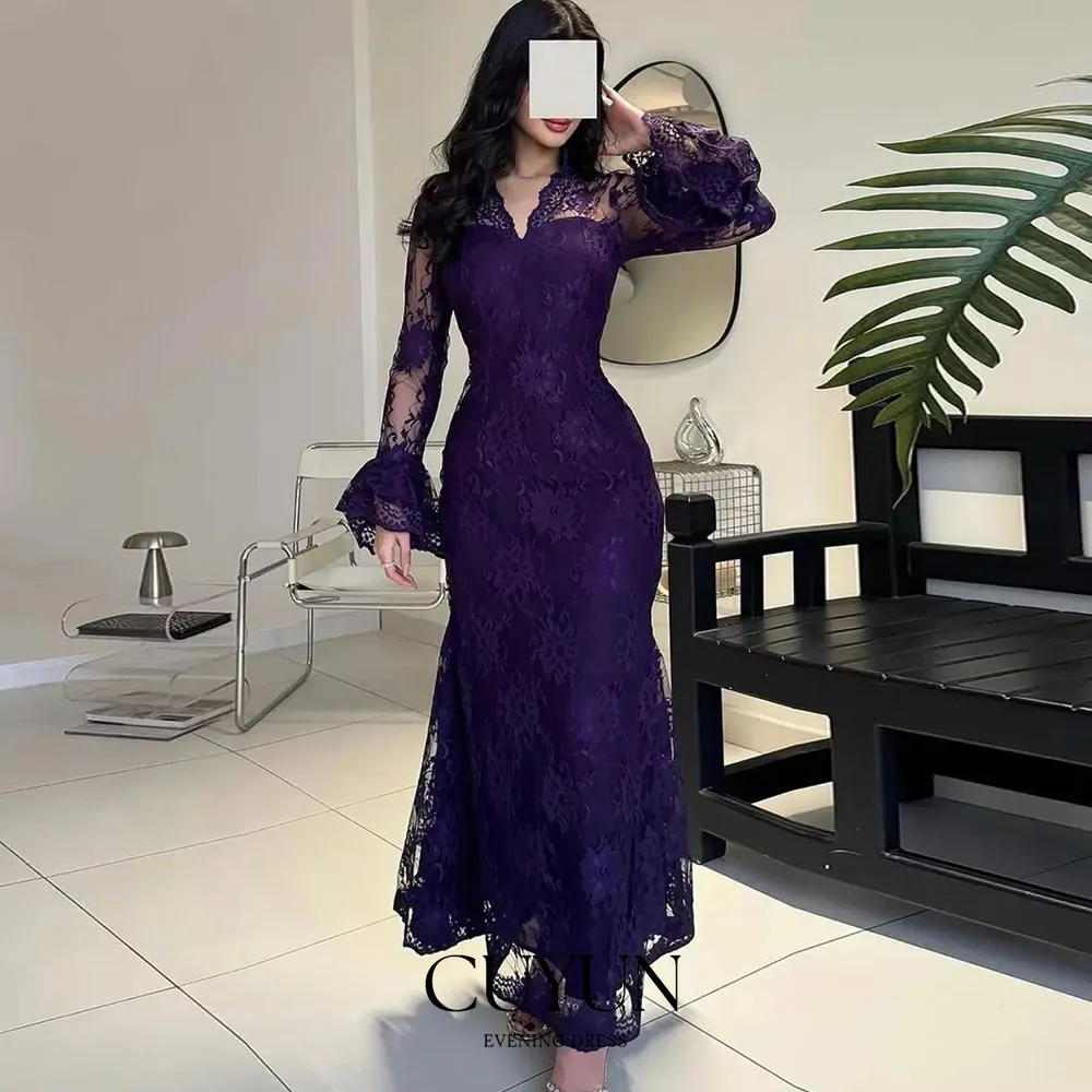 CUYUN Dark Purple Mermaid Women Evening Gown V-Neck Long Sleeves Lace Prom Party Gown Customized Special Occasion Dresses 2026