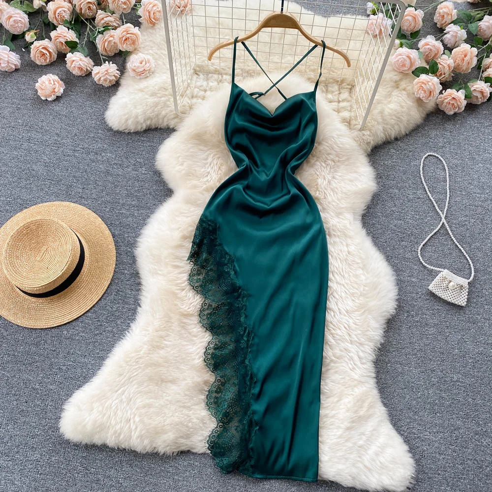Sexy Floral Lace Patchwork Satin Dress Women Fashion Summer Spaghetti Strap Criss Cross Backless Irregular Midi Club Party Dress